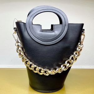 Faux Leather Round Handle Clutch W/Oversized Chain
